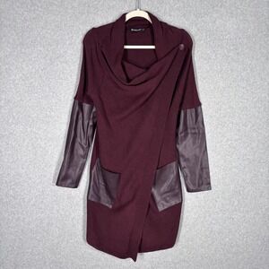 BLANKNYC Wrap Cardigan Sweater Duster Small Burgundy Faux Leather Sleeves Drape